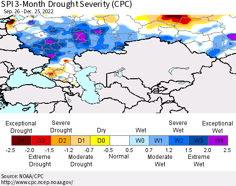Russian Federation SPI 3-Month Drought Severity (CPC) Thematic Map For 9/26/2022 - 12/25/2022