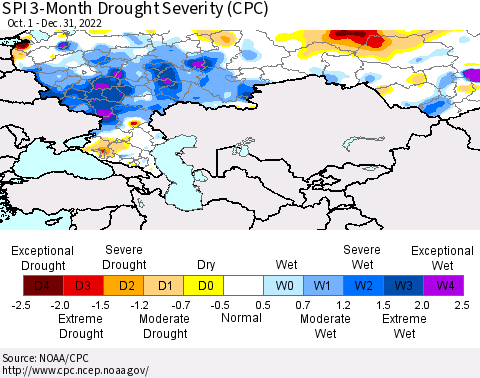 Russian Federation SPI 3-Month Drought Severity (CPC) Thematic Map For 10/1/2022 - 12/31/2022