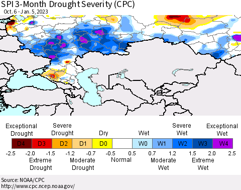 Russian Federation SPI 3-Month Drought Severity (CPC) Thematic Map For 10/6/2022 - 1/5/2023
