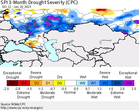 Russian Federation SPI 3-Month Drought Severity (CPC) Thematic Map For 10/11/2022 - 1/10/2023
