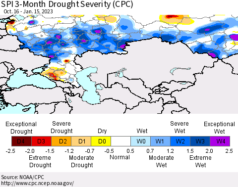 Russian Federation SPI 3-Month Drought Severity (CPC) Thematic Map For 10/16/2022 - 1/15/2023