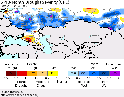 Russian Federation SPI 3-Month Drought Severity (CPC) Thematic Map For 10/21/2022 - 1/20/2023