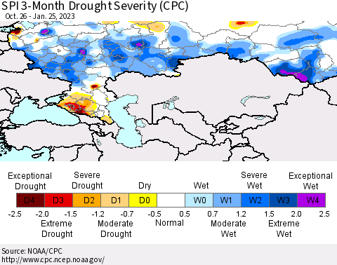 Russian Federation SPI 3-Month Drought Severity (CPC) Thematic Map For 10/26/2022 - 1/25/2023