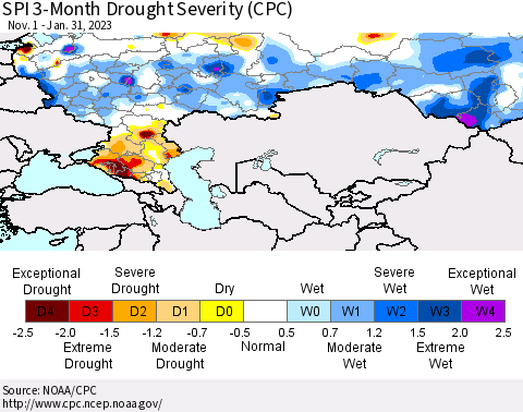 Russian Federation SPI 3-Month Drought Severity (CPC) Thematic Map For 11/1/2022 - 1/31/2023