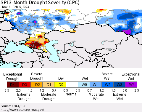 Russian Federation SPI 3-Month Drought Severity (CPC) Thematic Map For 11/6/2022 - 2/5/2023