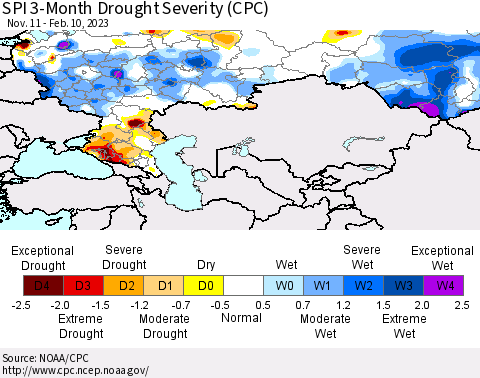Russian Federation SPI 3-Month Drought Severity (CPC) Thematic Map For 11/11/2022 - 2/10/2023
