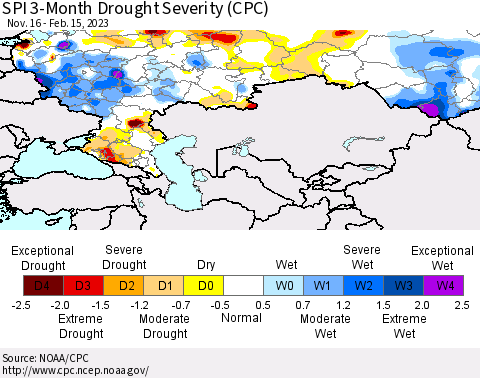 Russian Federation SPI 3-Month Drought Severity (CPC) Thematic Map For 11/16/2022 - 2/15/2023