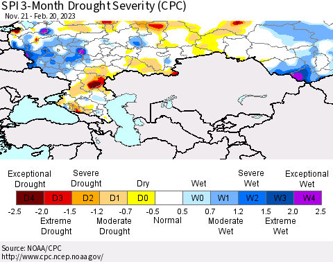Russian Federation SPI 3-Month Drought Severity (CPC) Thematic Map For 11/21/2022 - 2/20/2023