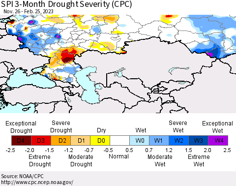 Russian Federation SPI 3-Month Drought Severity (CPC) Thematic Map For 11/26/2022 - 2/25/2023