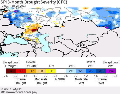 Russian Federation SPI 3-Month Drought Severity (CPC) Thematic Map For 12/1/2022 - 2/28/2023