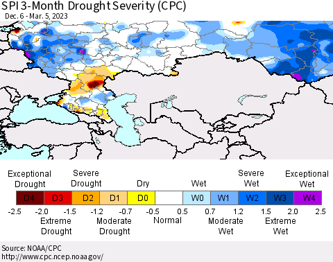 Russian Federation SPI 3-Month Drought Severity (CPC) Thematic Map For 12/6/2022 - 3/5/2023