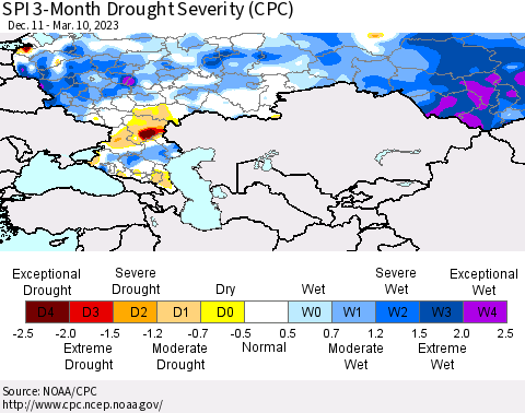 Russian Federation SPI 3-Month Drought Severity (CPC) Thematic Map For 12/11/2022 - 3/10/2023
