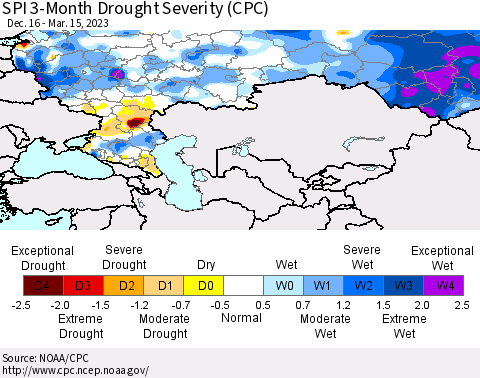 Russian Federation SPI 3-Month Drought Severity (CPC) Thematic Map For 12/16/2022 - 3/15/2023