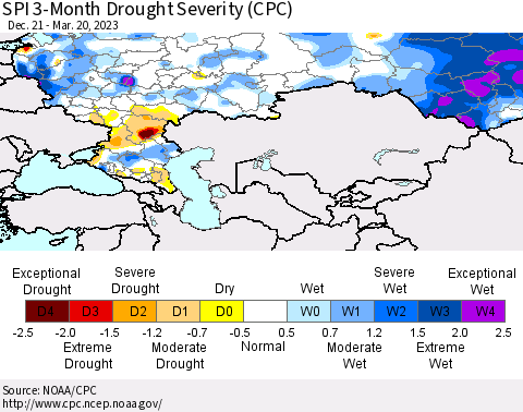 Russian Federation SPI 3-Month Drought Severity (CPC) Thematic Map For 12/21/2022 - 3/20/2023