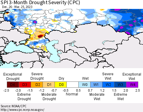Russian Federation SPI 3-Month Drought Severity (CPC) Thematic Map For 12/26/2022 - 3/25/2023