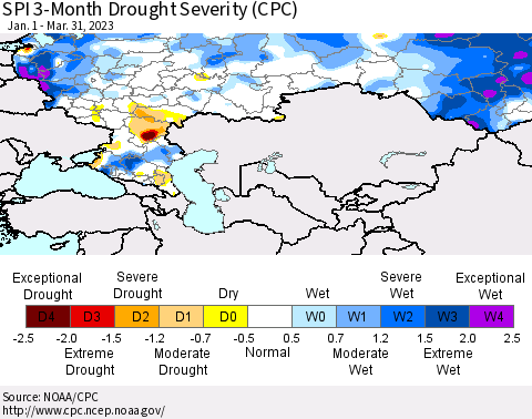 Russian Federation SPI 3-Month Drought Severity (CPC) Thematic Map For 1/1/2023 - 3/31/2023