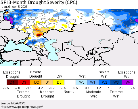 Russian Federation SPI 3-Month Drought Severity (CPC) Thematic Map For 1/6/2023 - 4/5/2023