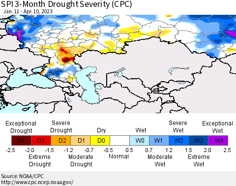 Russian Federation SPI 3-Month Drought Severity (CPC) Thematic Map For 1/11/2023 - 4/10/2023