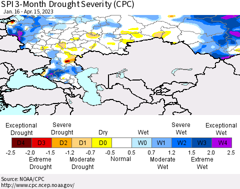 Russian Federation SPI 3-Month Drought Severity (CPC) Thematic Map For 1/16/2023 - 4/15/2023