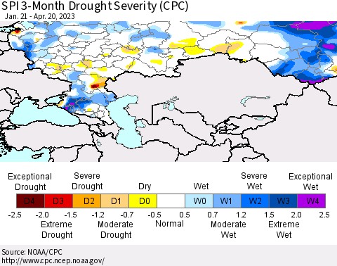 Russian Federation SPI 3-Month Drought Severity (CPC) Thematic Map For 1/21/2023 - 4/20/2023