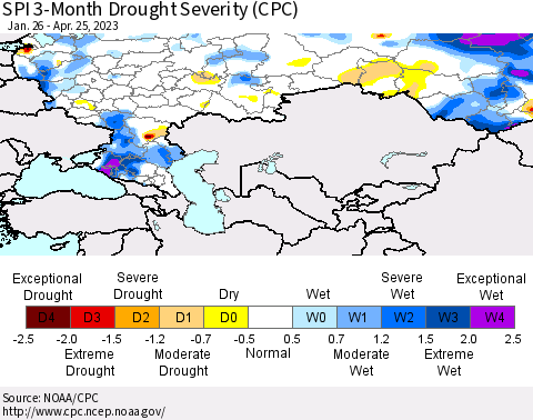 Russian Federation SPI 3-Month Drought Severity (CPC) Thematic Map For 1/26/2023 - 4/25/2023