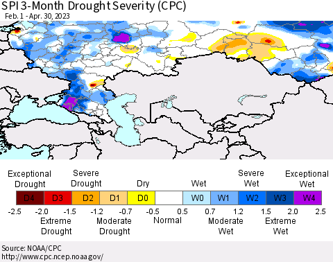 Russian Federation SPI 3-Month Drought Severity (CPC) Thematic Map For 2/1/2023 - 4/30/2023