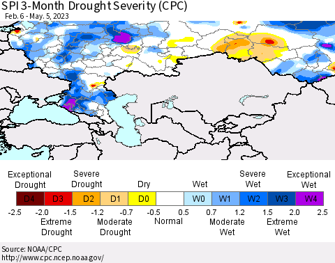 Russian Federation SPI 3-Month Drought Severity (CPC) Thematic Map For 2/6/2023 - 5/5/2023