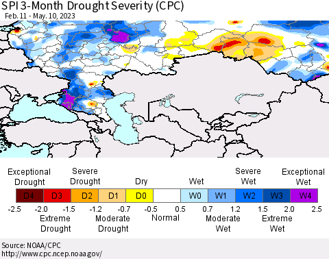 Russian Federation SPI 3-Month Drought Severity (CPC) Thematic Map For 2/11/2023 - 5/10/2023