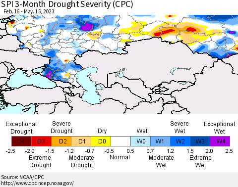 Russian Federation SPI 3-Month Drought Severity (CPC) Thematic Map For 2/16/2023 - 5/15/2023