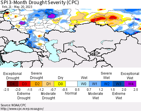 Russian Federation SPI 3-Month Drought Severity (CPC) Thematic Map For 2/21/2023 - 5/20/2023