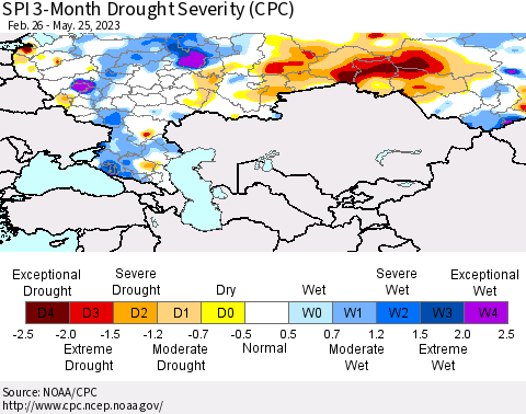 Russian Federation SPI 3-Month Drought Severity (CPC) Thematic Map For 2/26/2023 - 5/25/2023