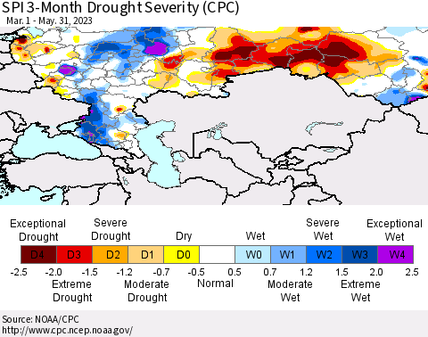 Russian Federation SPI 3-Month Drought Severity (CPC) Thematic Map For 3/1/2023 - 5/31/2023