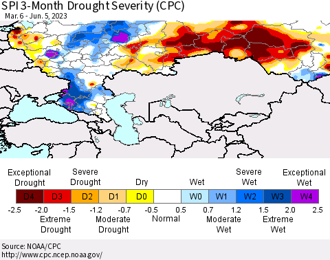 Russian Federation SPI 3-Month Drought Severity (CPC) Thematic Map For 3/6/2023 - 6/5/2023