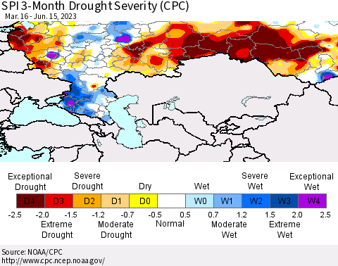 Russian Federation SPI 3-Month Drought Severity (CPC) Thematic Map For 3/16/2023 - 6/15/2023