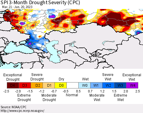 Russian Federation SPI 3-Month Drought Severity (CPC) Thematic Map For 3/21/2023 - 6/20/2023