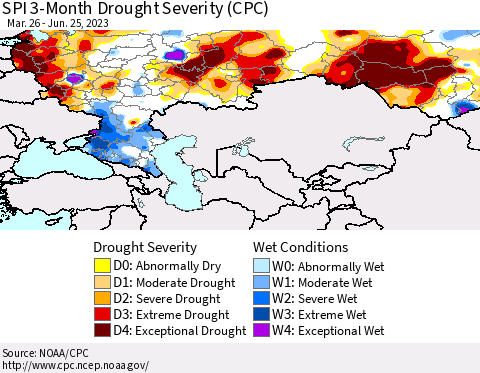 Russian Federation SPI 3-Month Drought Severity (CPC) Thematic Map For 3/26/2023 - 6/25/2023