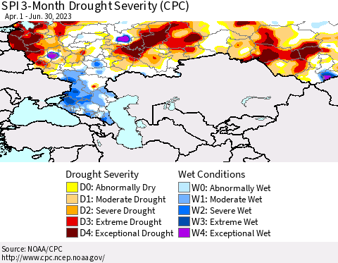 Russian Federation SPI 3-Month Drought Severity (CPC) Thematic Map For 4/1/2023 - 6/30/2023