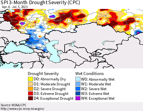 Russian Federation SPI 3-Month Drought Severity (CPC) Thematic Map For 4/6/2023 - 7/5/2023