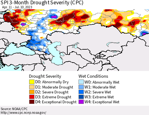 Russian Federation SPI 3-Month Drought Severity (CPC) Thematic Map For 4/11/2023 - 7/10/2023
