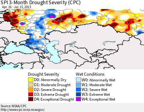 Russian Federation SPI 3-Month Drought Severity (CPC) Thematic Map For 4/16/2023 - 7/15/2023