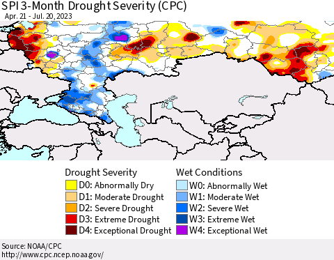 Russian Federation SPI 3-Month Drought Severity (CPC) Thematic Map For 4/21/2023 - 7/20/2023