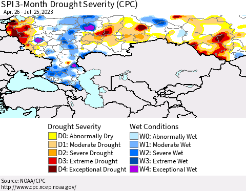 Russian Federation SPI 3-Month Drought Severity (CPC) Thematic Map For 4/26/2023 - 7/25/2023