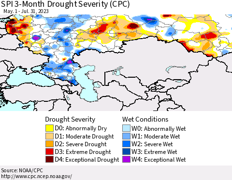 Russian Federation SPI 3-Month Drought Severity (CPC) Thematic Map For 5/1/2023 - 7/31/2023