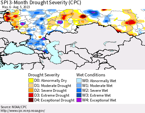 Russian Federation SPI 3-Month Drought Severity (CPC) Thematic Map For 5/6/2023 - 8/5/2023
