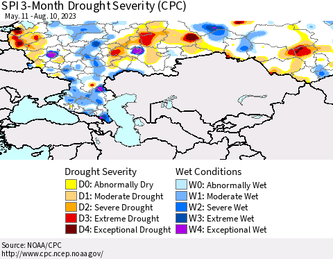 Russian Federation SPI 3-Month Drought Severity (CPC) Thematic Map For 5/11/2023 - 8/10/2023