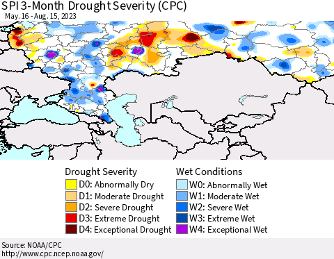 Russian Federation SPI 3-Month Drought Severity (CPC) Thematic Map For 5/16/2023 - 8/15/2023
