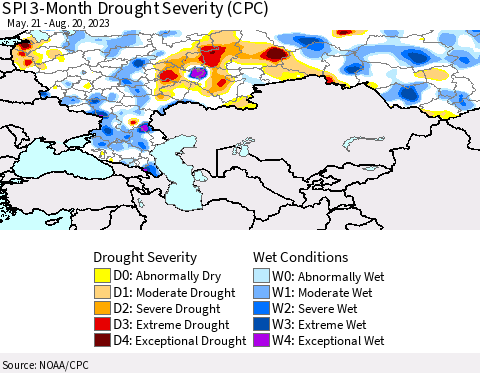 Russian Federation SPI 3-Month Drought Severity (CPC) Thematic Map For 5/21/2023 - 8/20/2023