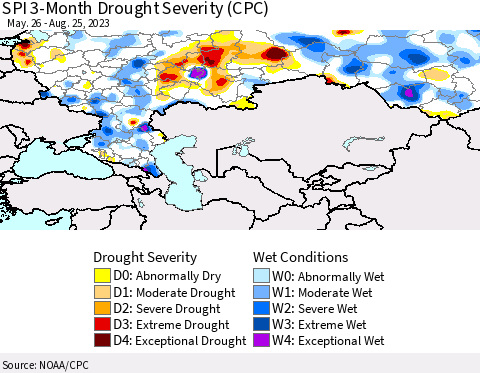 Russian Federation SPI 3-Month Drought Severity (CPC) Thematic Map For 5/26/2023 - 8/25/2023