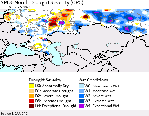 Russian Federation SPI 3-Month Drought Severity (CPC) Thematic Map For 6/6/2023 - 9/5/2023