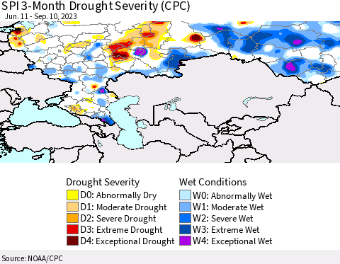 Russian Federation SPI 3-Month Drought Severity (CPC) Thematic Map For 6/11/2023 - 9/10/2023